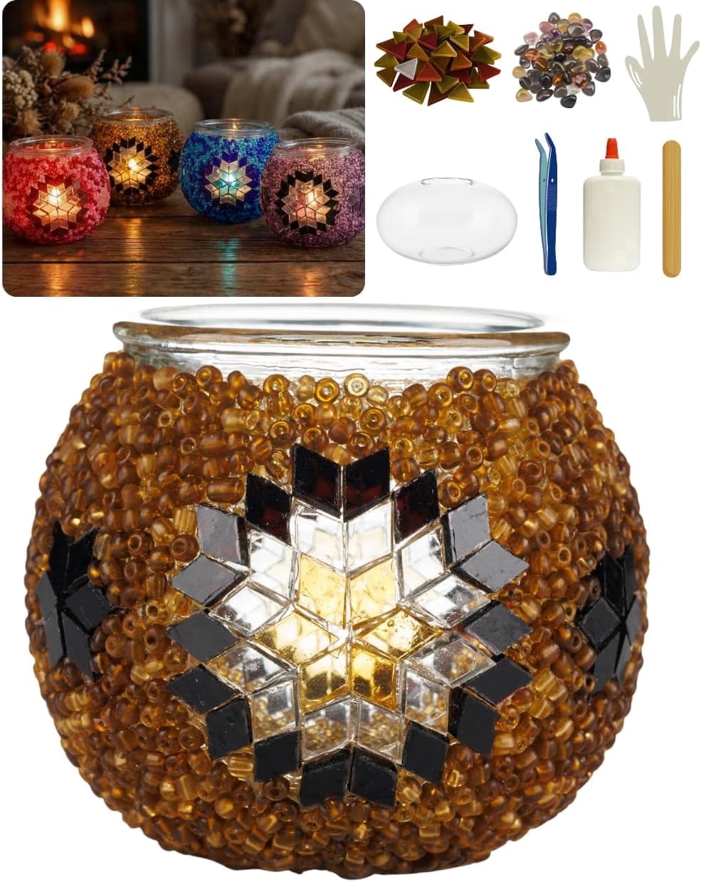DEMMEX DIY Turkish Mosaic Tealight Candle Holder Kit - No Grout or Plaster - Complete Beginner Mosaic Art & Craft Project for Adults and Teens - 4x4 in. DIY Home Decor & Gift Set (Brown)