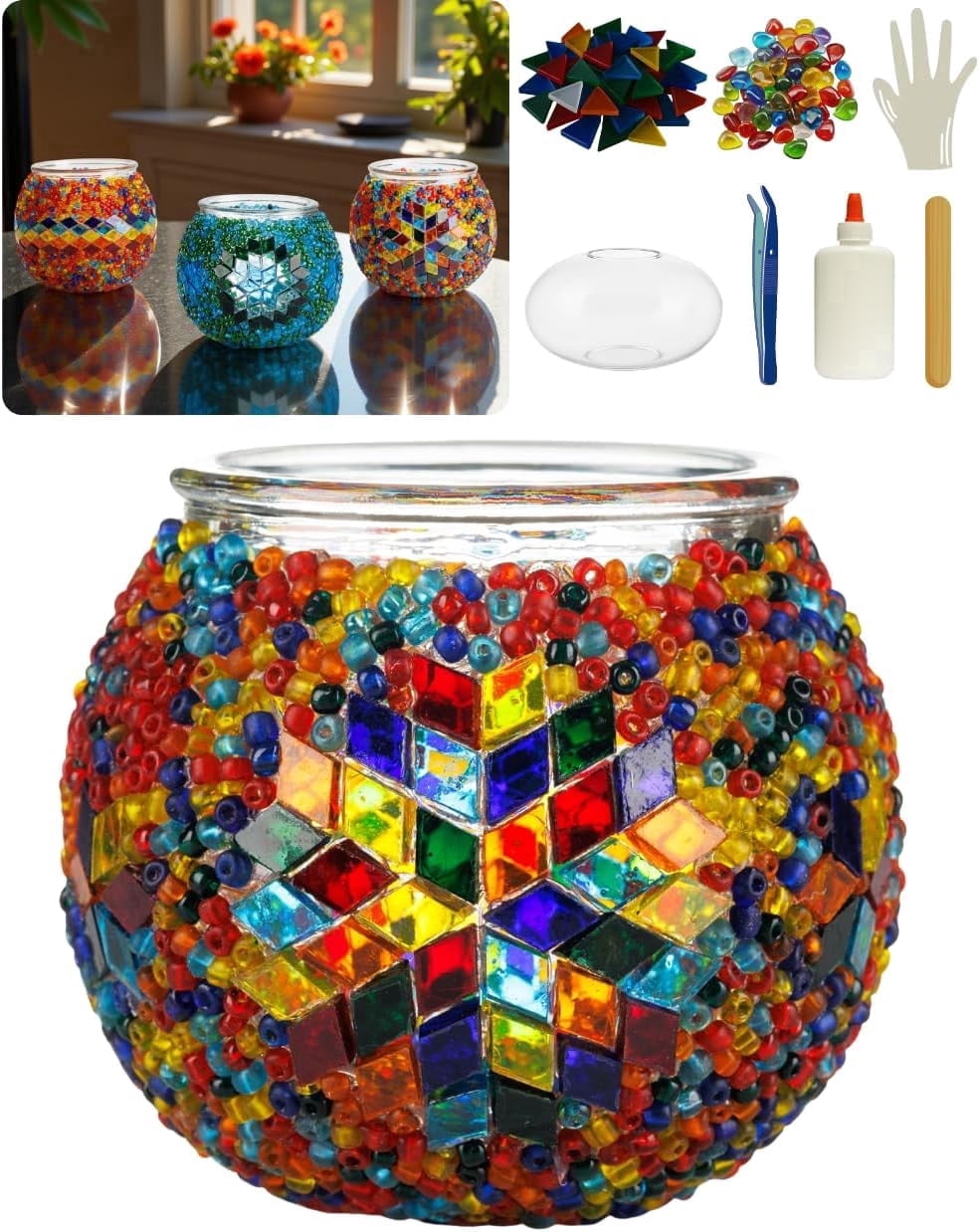 DEMMEX DIY Turkish Mosaic Tealight Candle Holder Kit - No Grout or Plaster - Complete Beginner Mosaic Art & Craft Project for Adults and Teens - 4x4 in. DIY Home Decor & Gift Set (Multicolor)
