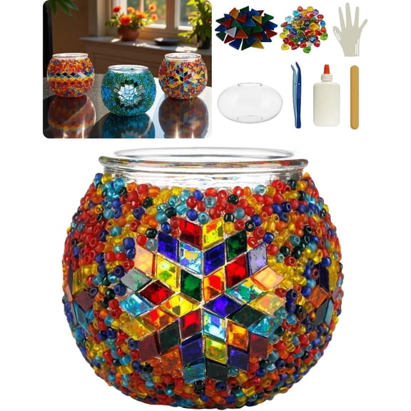 DEMMEX DIY Turkish Mosaic Tealight Candle Holder Kit - No Grout or Plaster - Complete Beginner Mosaic Art & Craft Project for Adults and Teens - 4x4 in. DIY Home Decor & Gift Set (Multicolor)