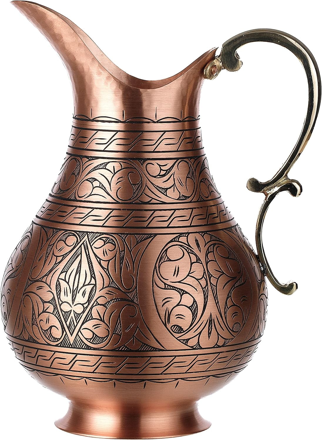 DEMMEX Handmade Engraved Copper Pitcher – 1mm Solid Turkish Copper Water Jug for Ayurvedic Drinking, Moscow Mule & Cocktails (Matte-Engraved)