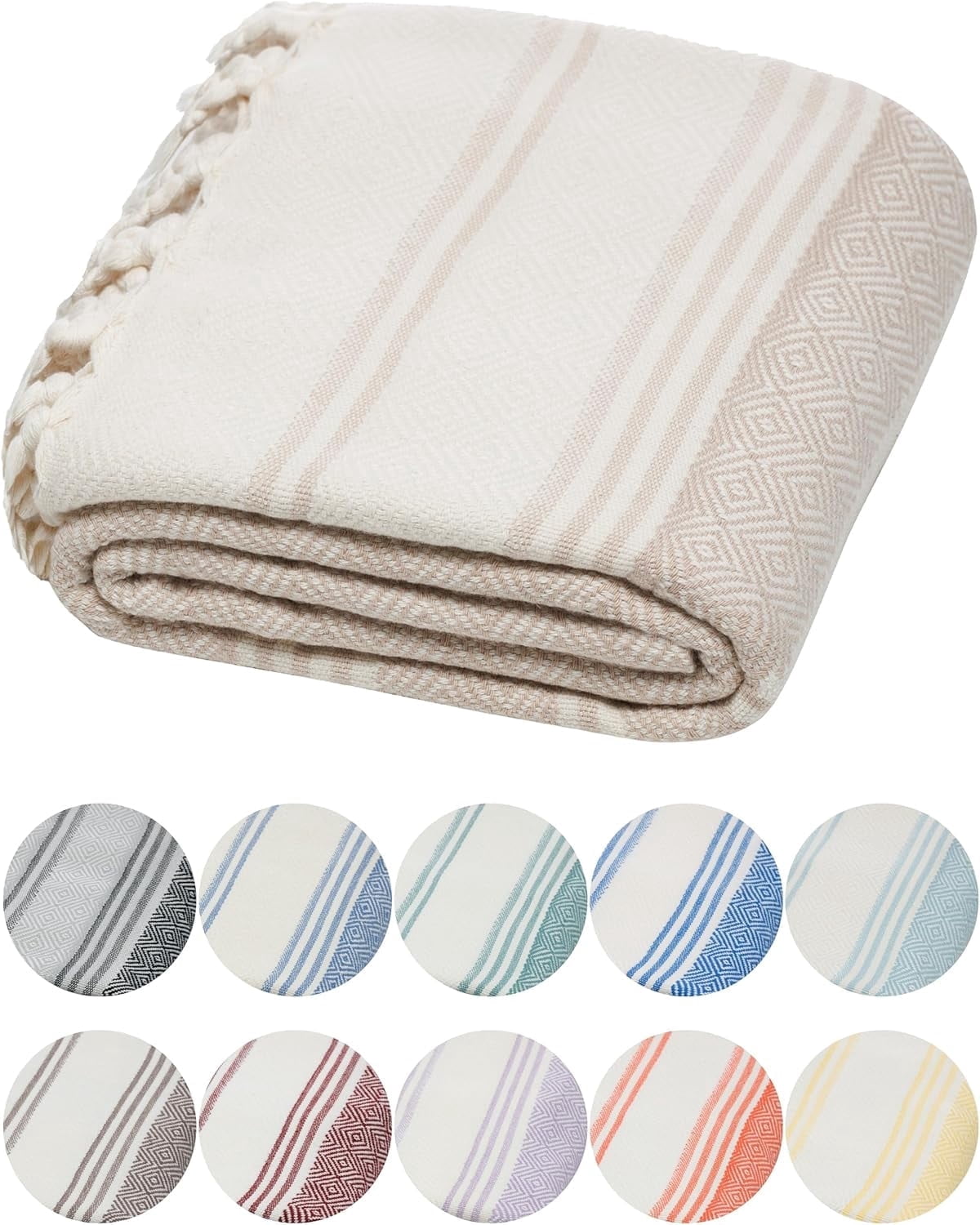 DEMMEX Organic Diamond Turkish Bath & Beach Towel - 100% Oeko-TEX Certified Cotton - Ultra-Soft, Quick-Dry, Lightweight, Compact Luxury Peshtemal Towel, Prewashed, Oversized, 71"x36", Beige