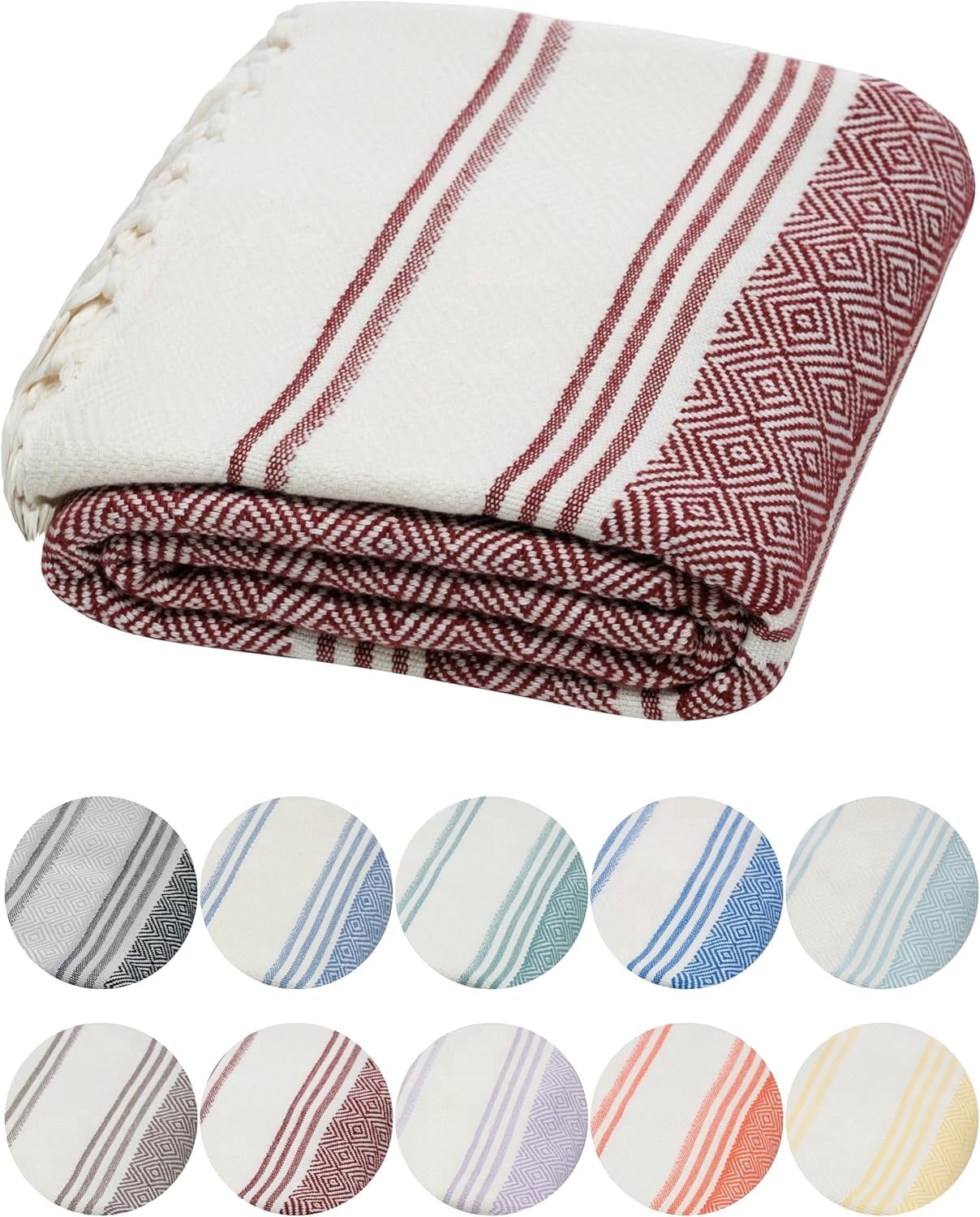 DEMMEX Organic Diamond Turkish Bath & Beach Towel - 100% Oeko-TEX Certified Cotton - Ultra-Soft, Quick-Dry, Lightweight, Compact Luxury Peshtemal Towel, Prewashed, Oversized, 71"x36", Burgundy