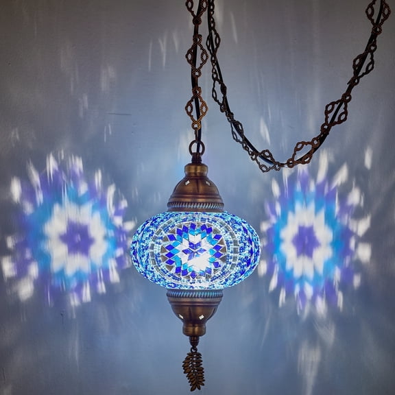 DEMMEX Plug-in Turkish Moroccan Mosaic Hanging Pendant Light Fixture, Tiffany-Style Ceiling Swag Lamp, Handcrafted Glass with 15 ft Cord & Chain, Blue