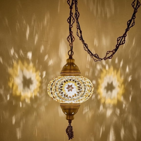 DEMMEX Plug-in Turkish Moroccan Mosaic Hanging Pendant Light Fixture, Tiffany-Style Ceiling Swag Lamp, Handcrafted Glass with 15 ft Cord & Chain, Brown & Amber