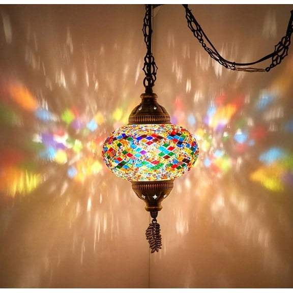 DEMMEX Plug-in Turkish Moroccan Mosaic Hanging Pendant Light Fixture, Tiffany-Style Ceiling Swag Lamp, Handcrafted Glass with 15 ft Cord & Chain, Multicolor