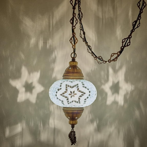 DEMMEX Plug-in Turkish Moroccan Mosaic Hanging Pendant Light Fixture, Tiffany-Style Ceiling Swag Lamp, Handcrafted Glass with 15 ft Cord & Chain, White