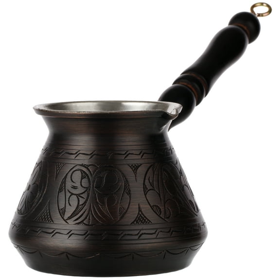 DEMMEX Thickest Copper Turkish Greek Arabic Coffee Pot, Stovetop Coffee Maker, Cezve Ibrik Briki with Wooden Handle & Wooden Spoon, Hand Engraved (Antique Copper, 15 fl Oz)