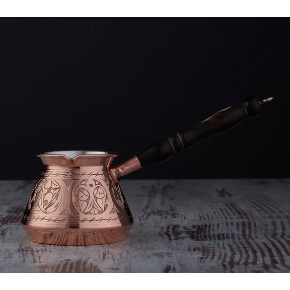 DEMMEX Thickest Copper Turkish Greek Arabic Coffee Pot, Stovetop Coffee Maker, Cezve Ibrik Briki with Wooden Handle & Wooden Spoon, Hand Engraved (Copper, 15 fl Oz)