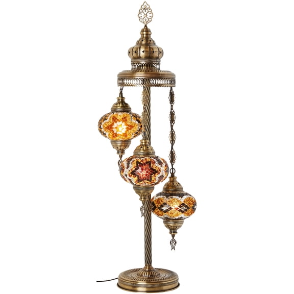 DEMMEX Turkish Moroccan Mosaic Floor & Table Lamp – Handmade Boho Tiffany-Style Light with 3 Large 7" Globes, Artisan Decor, 37" (95cm) Tall, Antique Brass Finish, North American Use (Amber-Brown)