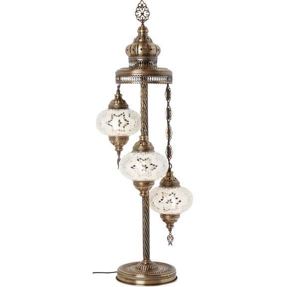 DEMMEX Turkish Moroccan Mosaic Floor & Table Lamp – Handmade Boho Tiffany-Style Light with 3 Large 7" Globes, Artisan Decor, 37" (95cm) Tall, Antique Brass Finish, North American Use (White Clear)