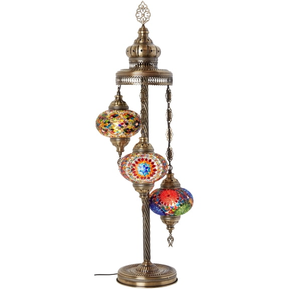 DEMMEX Turkish Moroccan Mosaic Floor & Table Lamp – Handmade Boho Tiffany-Style Light with 3 Large 7" Globes, Artisan Decor, 37" (95cm) Tall, Antique Brass Finish, North American Use (Multicolor)