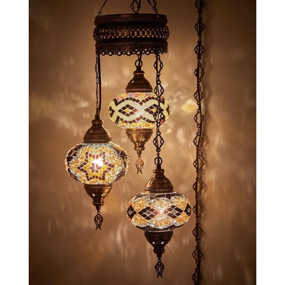 DEMMEX Turkish Mosaic Hanging Lamp, 3 Globe Handmade Plug-in Moroccan Chandelier Light Fixture with 15-ft Cord & Chain, Bohemian Ceiling Light for Living Room or Bedroom (Brown Black)