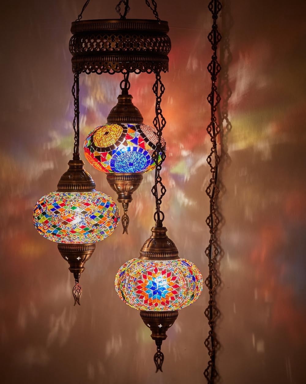 DEMMEX Turkish Mosaic Hanging Lamp, 3 Globe Handmade Plug-in Moroccan Chandelier Light Fixture with 15-ft Cord & Chain, Bohemian Ceiling Light for Living Room or Bedroom (Multicolor)