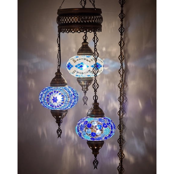 DEMMEX Turkish Mosaic Hanging Lamp, 3 Globe Handmade Plug-in Moroccan Chandelier Light Fixture with 15-ft Cord & Chain, Bohemian Ceiling Light for Living Room or Bedroom (Blue)