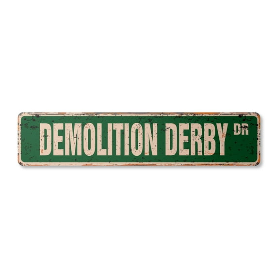DEMOLITION DERBY Vintage Plastic Street Sign cars truck driver racer drag | Indoor/Outdoor |  36" Wide