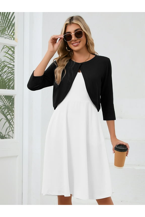 Women's Cardigan 3/4 Sleeve Cropped Open Front Bolero Shrug for Dresses Black XL