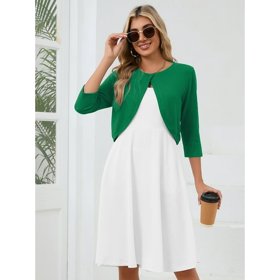 DEMOTIME Women's Cardigan 3/4 Sleeve Cropped Open Front Bolero Shrug for Dresses Green M