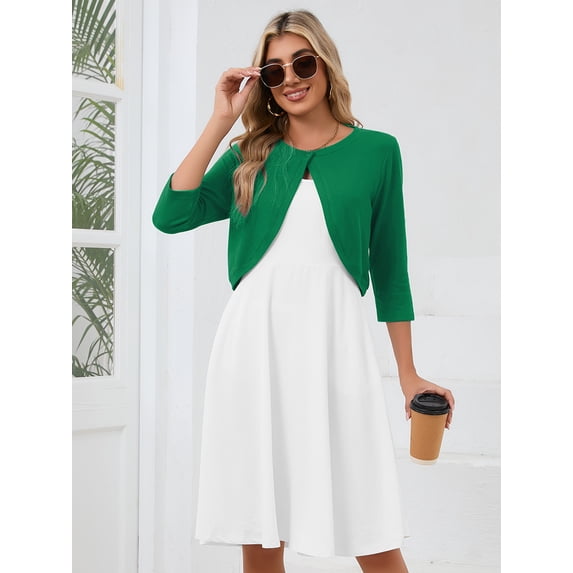 DEMOTIME Women's Cardigan 3/4 Sleeve Cropped Open Front Bolero Shrug for Dresses Green S