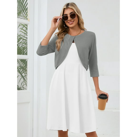 DEMOTIME Women's Cardigan 3/4 Sleeve Cropped Open Front Bolero Shrug for Dresses Grey M