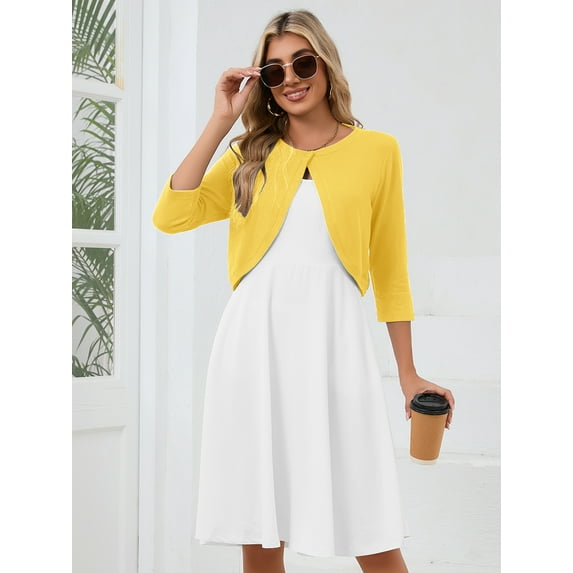 DEMOTIME Women's Cardigan 3/4 Sleeve Cropped Open Front Bolero Shrug for Dresses Light Yellow L