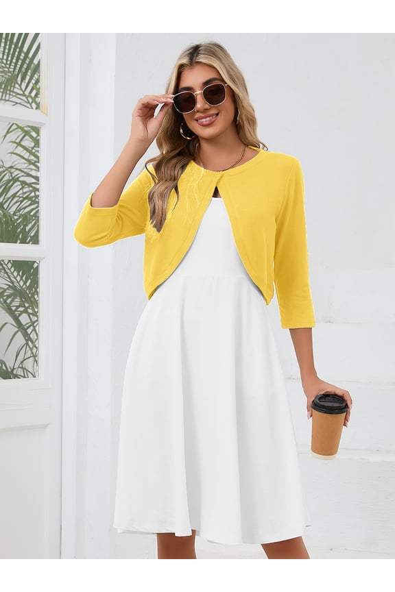 Women's Cardigan 3/4 Sleeve Cropped Open Front Bolero Shrug for Dresses Light Yellow L