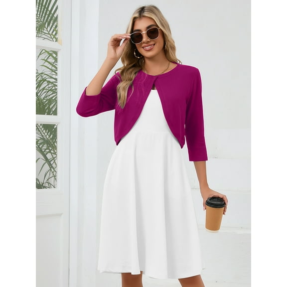 DEMOTIME Women's Cardigan 3/4 Sleeve Cropped Open Front Bolero Shrug for Dresses Magenta 2XL