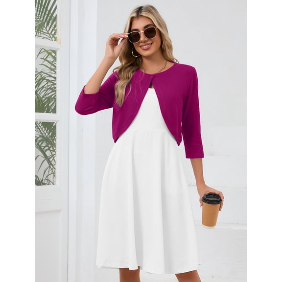 DEMOTIME Women's Cardigan 3/4 Sleeve Cropped Open Front Bolero Shrug for Dresses Magenta L