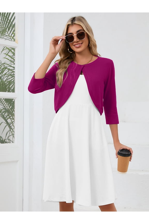 Women's Cardigan 3/4 Sleeve Cropped Open Front Bolero Shrug for Dresses Magenta L