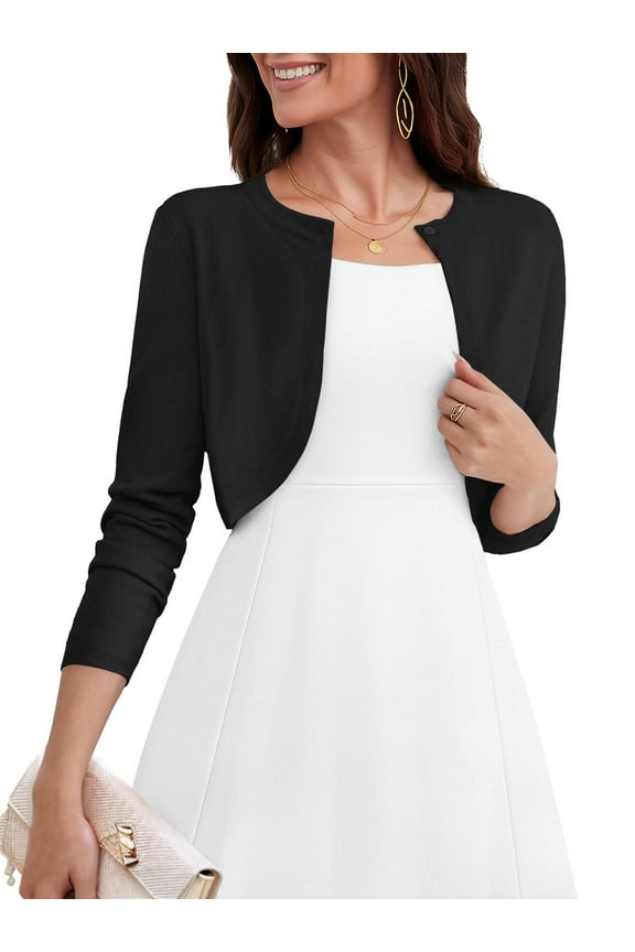 Women's Cardigan Long Sleeve Open Front V Neck Cropped Bolero Shrug for Dresses Black 2XL