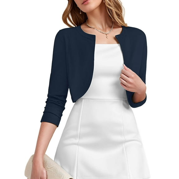 DEMOTIME Women's Cardigan Long Sleeve Open Front V Neck Cropped Bolero Shrug for Dresses Navy Blue L