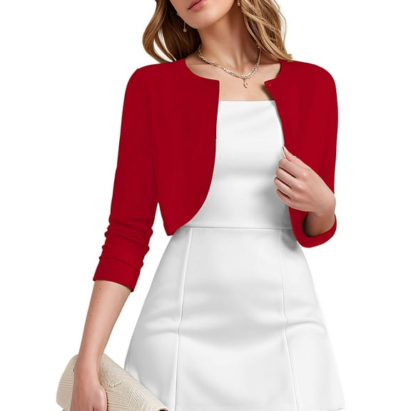 DEMOTIME Women's Cardigan Long Sleeve Open Front V Neck Cropped Bolero Shrug for Dresses Red XL