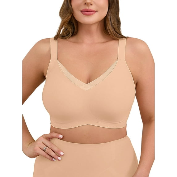 DEMOTIME Womens Plus Wireless Bras Comfortable No Underwire Adjustable Straps Bra Seamless Push Up Everyday Bras Beige L