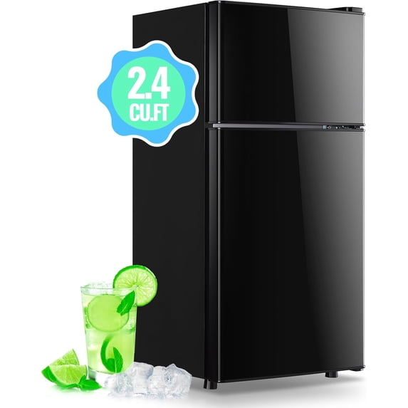 DEMULLER 2.4 Cu.Ft Mini Fridge with Freezer & Double Door Small Tiny Size Refrigerator with 7 Temperature Control Knob Only Suitable for One Person Use Black