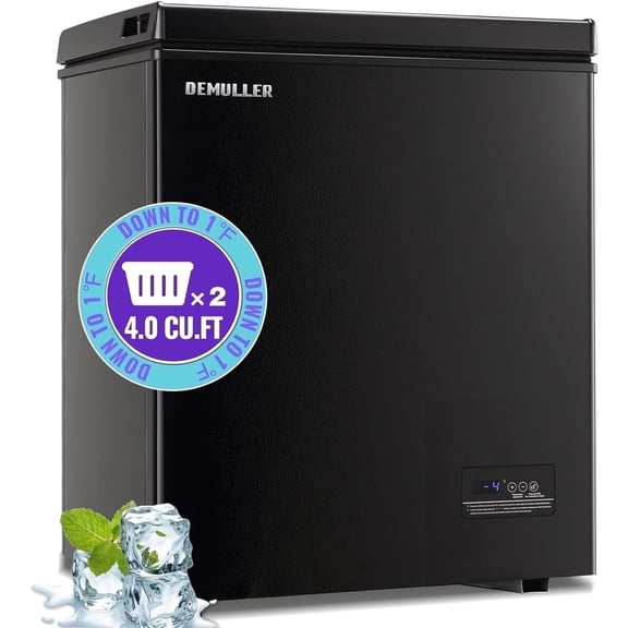 DEMULLER 4.0 Cu.ft Deep Freezer Top Open Door Compact Freezer with 2 Removable Storage Baskets Black