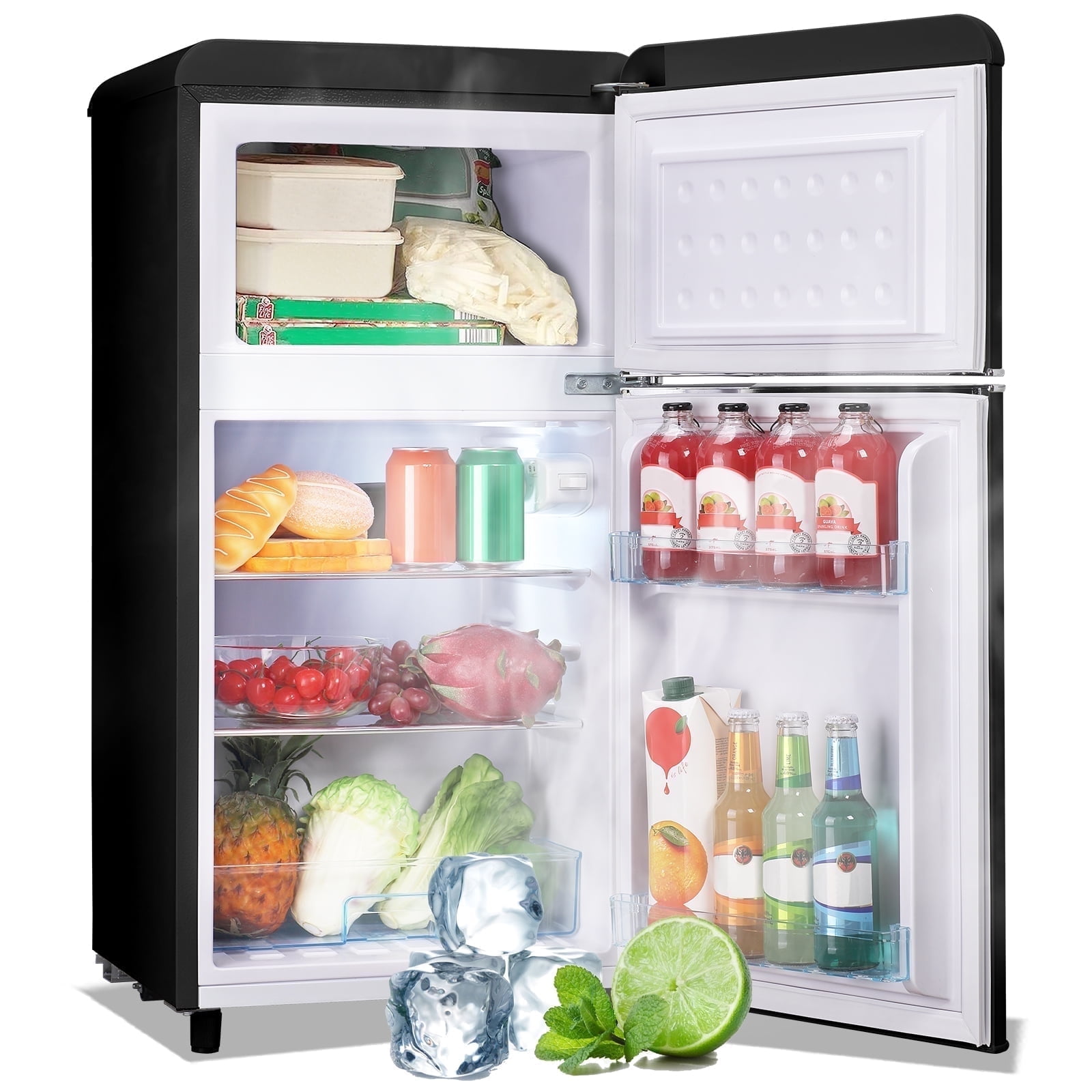 DEMULLER Mini Fridge with Freezer Small Refrigerator Double Door Drinks Holder for Office Black New
