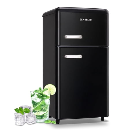 DEMULLER Mini Fridge with Freezer Compact Retro Refrigerator Dual Door Black-YX-100 19 inches Wide
