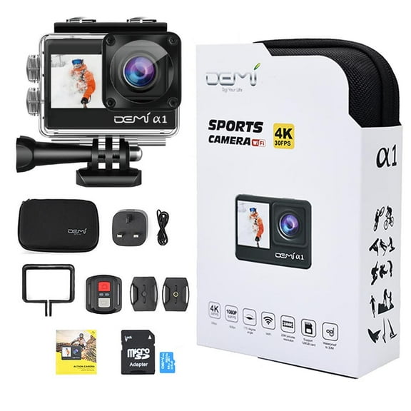 DEMi 4K 30FPS Action Camera 1080P 20MP, 30M Underwater Waterproof Camera 170 Degree Wide Angle Sports Camera with Accessories Kit