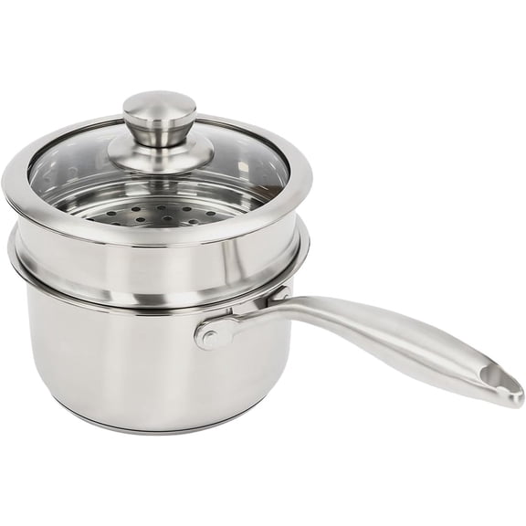 DENEST 1.4 Quart Stainless Steel Saucepan with Steamer Double Layer Small Multipurpose Pot with Glass Lid Sauce Pan for Cooking with Handle for Boiling Gravies, Pasta, Noodles