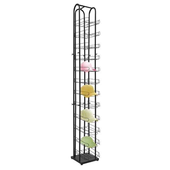 DENEST 12-Tier Freestanding Hat Rack, Black Iron Floor-Standing Hat Display Stand, Adjustable Foot Pad Open Storage Organizer for Home Retail Store
