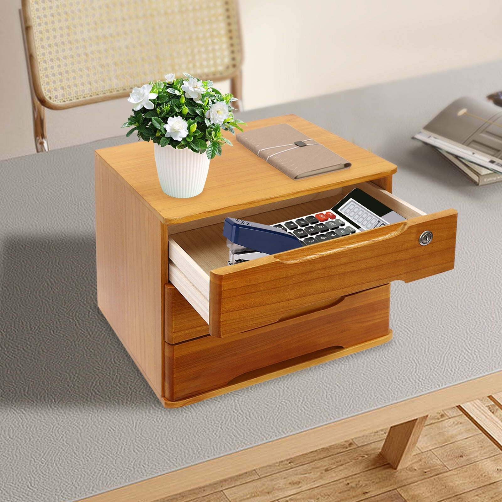 DENEST 17.72 in Wood Yellow Rectangle 3-Tier Desktop Storage Box with ...