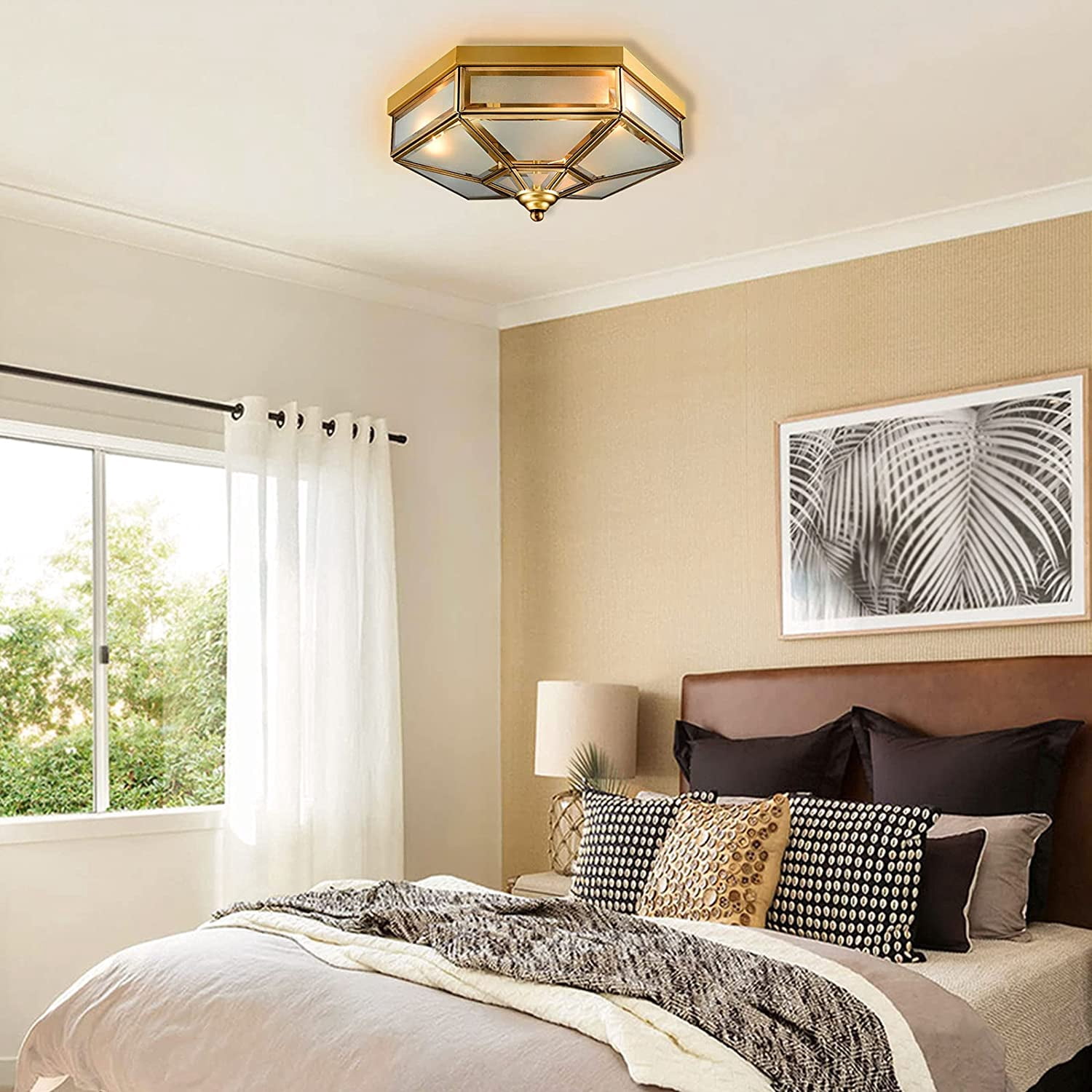 DENEST 18" Tiffany Style Stained Glass Flush Mount LED Ceiling Light Chandelier Hexagon