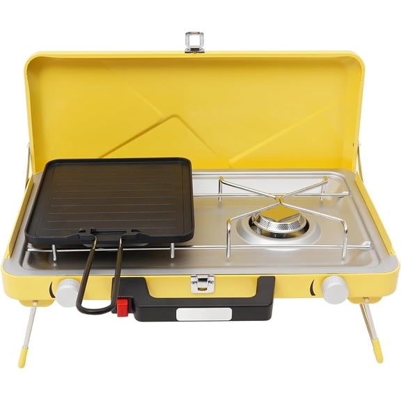 DENEST 2-Burner Camping Stove Portable Grill/Stove with Non-sticking Coating Grill Tray, Wind Guards, Tabletop Cooktop with Piezoelectric Ignition, 2 x 3500W