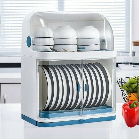DENEST 2-Layer Dish Drying Rack with Lid Dish Drain Dust-proof Storage Box Counter Organizer