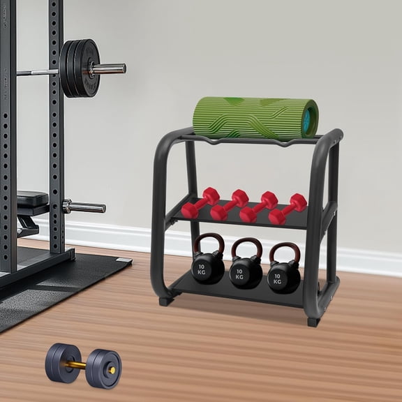 DENEST 2-Tier Free Standing Dumbbells & Kettlebells Weight Stand, Multifunctional Weight Rack Fitness Equipment Storage Rack for Home & Office & Gym