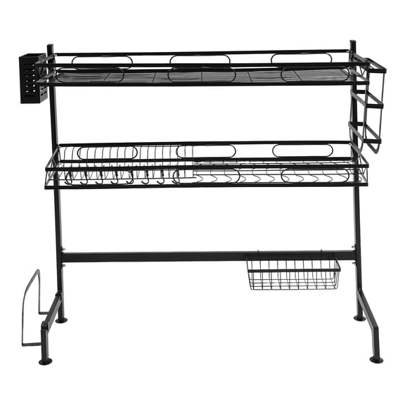 DENEST 2-Tier Over Sink Dish Drying Rack, Multifunctional Kitchen Countertop Organizer with Hooks & Baskets, for Dishes, Bowls & Utensils
