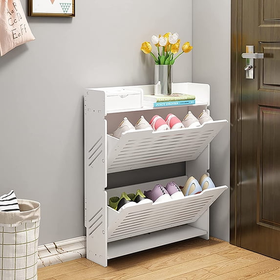 DENEST 2 Tiers Wooden Shoe Cabinet Holds up to 12 Pairs Freestanding Shoe Rack Storage Organizer, White