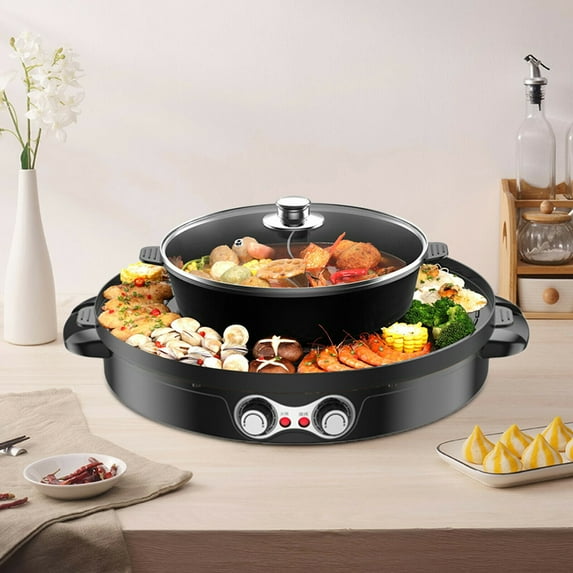 DENEST 2 in 1 Electric Hot Pot Grill Indoor Smokeless Shabu Pot Black 110V