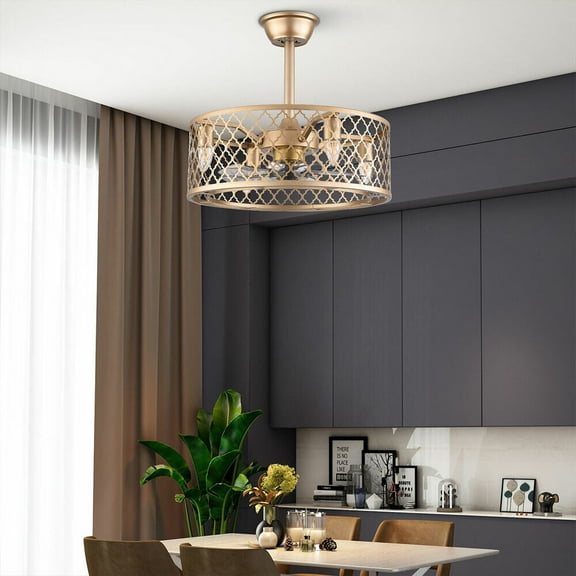 Denest 20 Inch Gold E27 Bulbs Surface Mount Indoor Enclosed Ceiling Fan with Remote