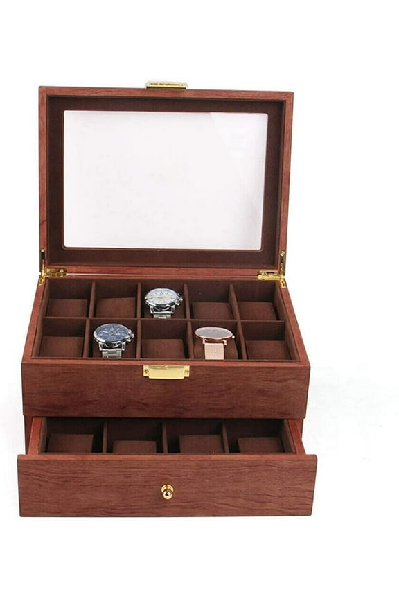 20 Slots Rosewood Wooden Watch Box with Glass Top Transparent Acrylic Cover and Drawer