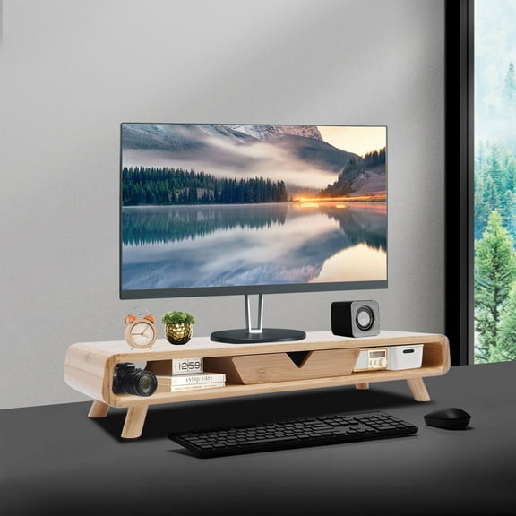 DENEST 24 Bamboo Monitor Stand + Back Baffle Drawer Desktop Stand Riser 4.5 Height